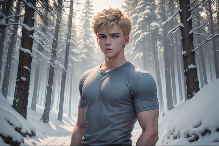 realistic, 8k image of a 15-year-old young man, blond, strong, short hair combed back, blue eyes, square chin, dressed in a casual gray shirt, serious expression, standing in an open field in the middle of a forest covered in snow, morning, anime style art