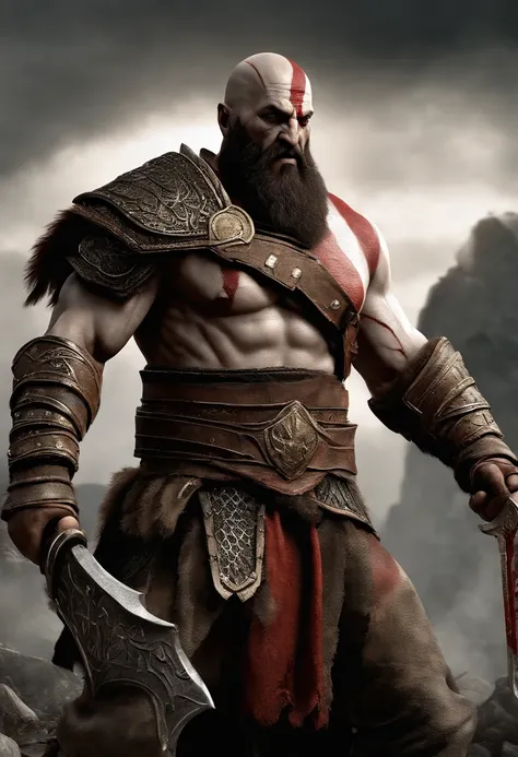 (best quality,ultra-detailed,realistic:1.37),Kratos from the video game "God of War",angry expression,extremely detailed face,wrinkles on forehead and around eyes,bulging veins on arms,sharp focus,physically-based rendering,dark and moody lighting,roaring ...