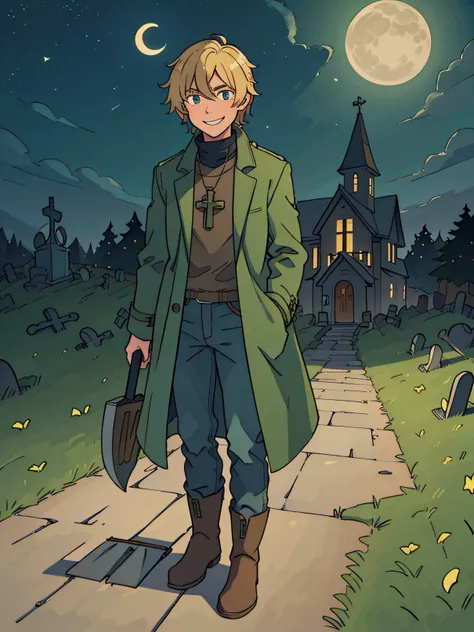 1 male, medium length blonde hair, tall, long green coat, pullover, jeans, big boots, holding a lanthern and a shovel, graveyard, dark, shining moon in the background, a chapel in the background, smiling looking at viewer, masterpiece, high res, 8k