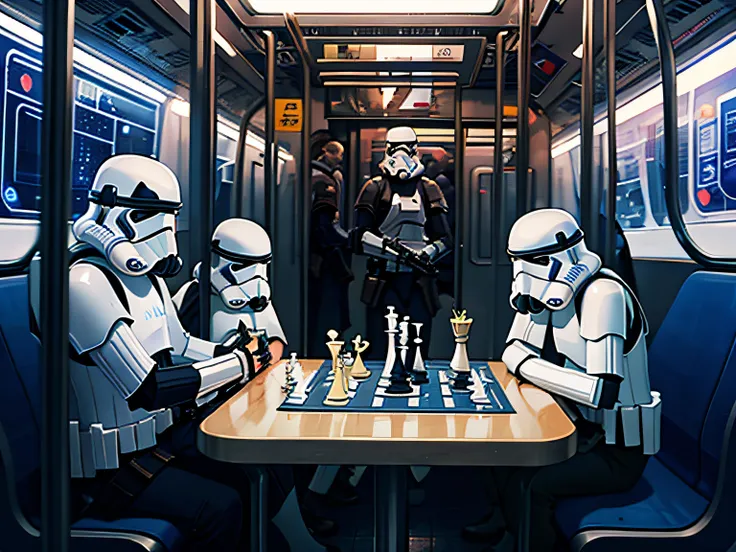 storm troopers playing space chess on a subway in coruscant