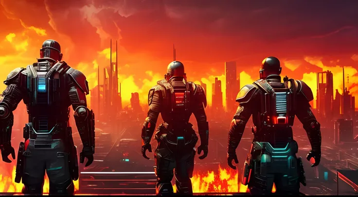 Back view of a group of armed half human cyborgs; across the view of a devastated burning metropolis, 3D; apocalyptic retro cyberpunk; thunderstorms; red color splash; dynamic color-field; cyclorama effect; ultra realistic, cinematic lighting