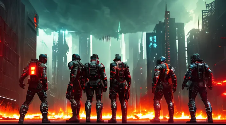 Back view of a group of armed half human cyborgs; across the view of a devastated burning metropolis, 3D; apocalyptic retro cyberpunk; thunderstorms; red color splash; dynamic color-field; cyclorama effect; ultra realistic, cinematic lighting