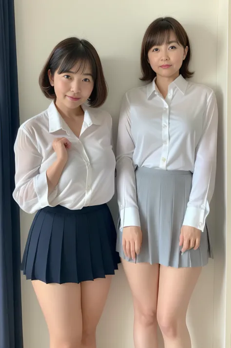 ​masterpiece, top-quality, beautiful mature lady、 A 40-year-old woman、bbw、 Very embarrassed look、Schoolgirl Uniform、((Panties are visible from the skirt))、((Sheer white shirt))、Navy blue ribbon at the collar、Dark blue pleated micro mini、Show me your whole ...