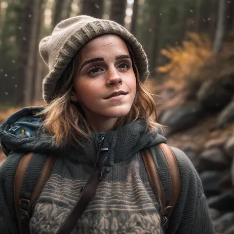 1 Emma Watson ((upper body selfie, happy)), masterpiece, best quality, ultra-detailed, solo, outdoors, (night), mountains, nature, (stars, moon) cheerful, happy, backpack, sleeping bag, camping stove, water bottle, mountain boots, gloves, sweater, hat, fla...