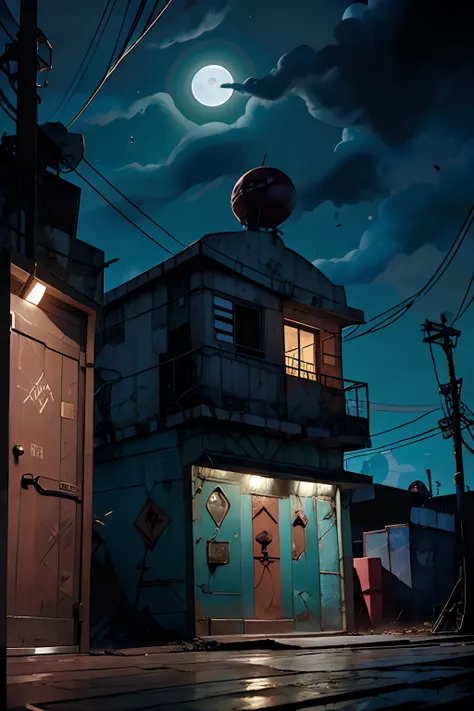 (( Secret laboratory in front of the streets of the favela at night, Hidden behind rusty metal doors, And theres a note on the door))