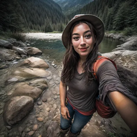 1 woman((upper body selfie, happy)), masterpiece, best quality, ultra-detailed, solo, outdoors, (night), mountains, nature, (stars, moon) cheerful, happy, backpack, sleeping bag, camping stove, water bottle, mountain boots, gloves, topless, hat, flashlight...