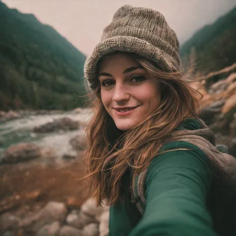 1 woman((upper body selfie, happy)), masterpiece, best quality, ultra-detailed, solo, outdoors, (night), mountains, nature, (stars, moon) cheerful, happy, backpack, sleeping bag, camping stove, water bottle, mountain boots, gloves, sweater, hat, flashlight...