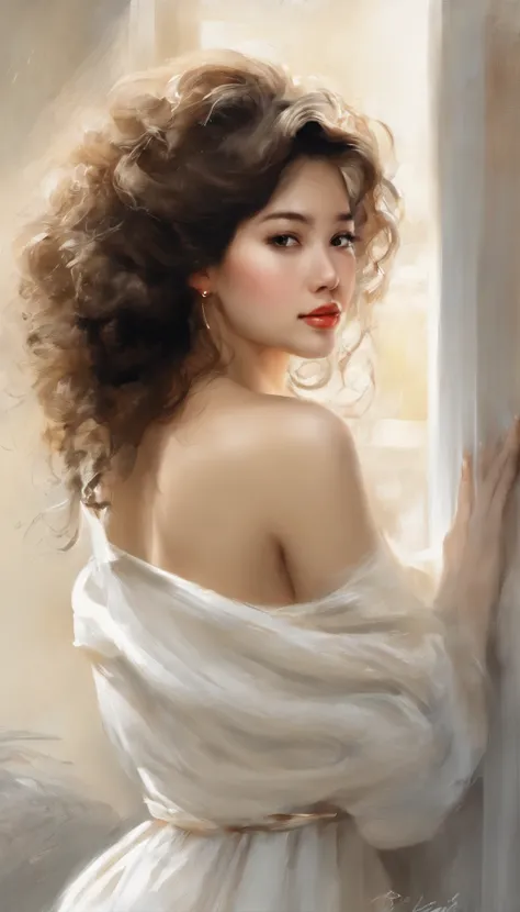 ((Looking back)), (((full bodyesbian))), ((Realistic)), ((From behind, From below)), ((off-the-shoulder clothes)), Beautiful young girl, Beautiful Korean model, cabellos largos dorados, curlies, By bangs, (slender leg), (cold light, the night, starrysky), ...