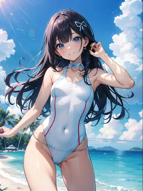 The ultra -The high-definition、high-level image quality、top-quality、Full limbs、complete fingers、Beautuful Women、1 persons、embarassed expression、ssmile、hair pin、White School Swimsuit、knee high、Indentation、standingn、Grow legs、Summer Beach、cinematlic lighting...