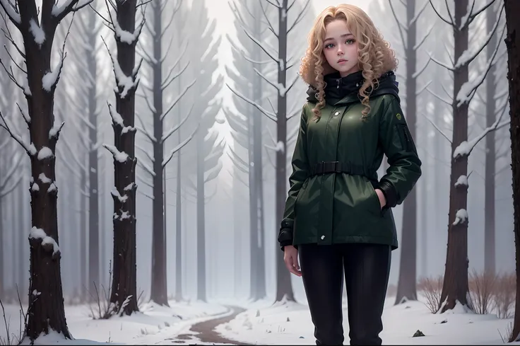 realistic 8k image of a 15-year-old teenage girl, blonde curly hair, beautiful, extremely detailed green eyes, dressed in a black coat and black pants, standing next to a tree in an open field of a snow-filled forest, anime style art