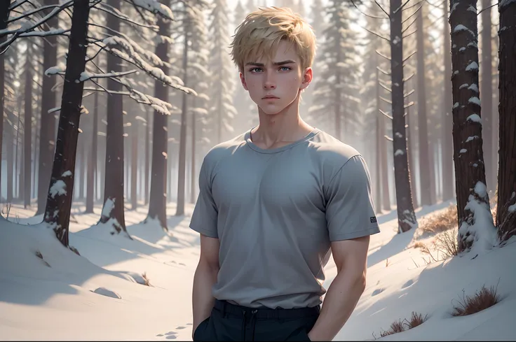 realistic, 8k image of a 15-year-old young man, blond, strong, short hair combed back, blue eyes, square chin, dressed in a casual gray shirt, serious expression, standing in an open field in the middle of a forest covered in snow, morning, anime style art