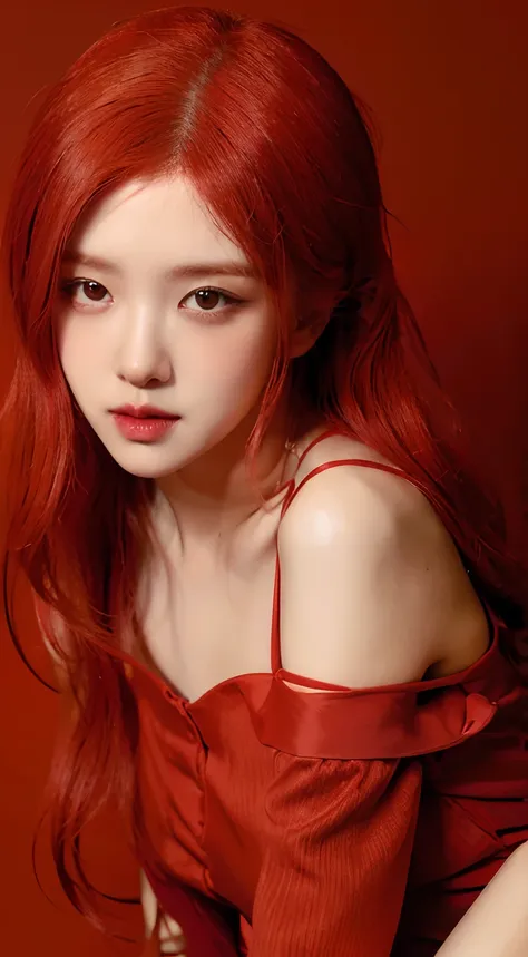 girl with red hair, red dress, red theme, red background