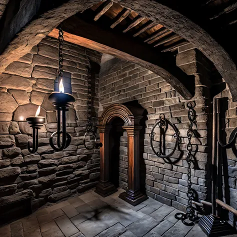 Hyper realistic, best quality, ultra detailed, BDSM, torture cellar, stone Walls, chains and bondage steelrings on the wall and the ceiling, wooden torture equipment, basement vault in a castle, candlesticks