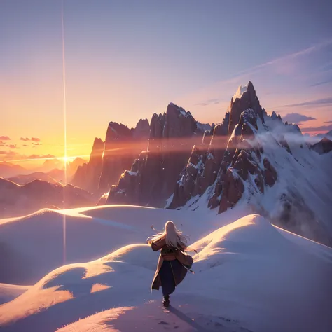 Create a powerful and inspiring artwork depicting a person standing triumphantly atop a majestic mountain peak, their arms outstretched wide, facing the other side. The scene is bathed in the soft glow of a sunrise, casting warm hues across the landscape. ...