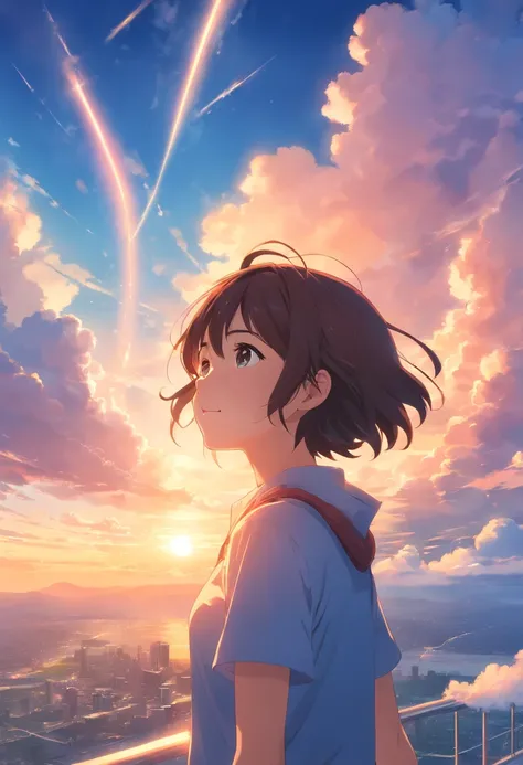 masterpiece, best quality, movie still, 1girl, cloud girl, floating in the sky, close-up, bright, happy, warm soft lighting, sunset, (sparks:0.7)