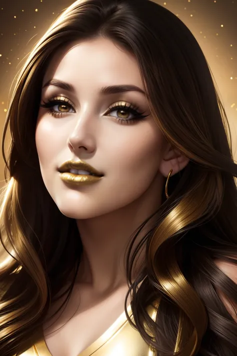 lucy pinder, face portrait, face, black t-shirt, smiling, ((Gold lipstick)), ((Gold lips)), beuatiful lips