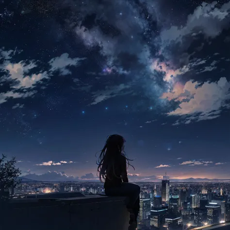 octans, sky, star (sky), scenery, starry sky, night, 1girl, night sky, solo, outdoors, building, cloud, milky way, sitting, tree...