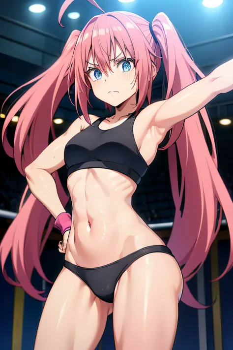 Young boxer、long pink hair、piggy back, brunette、Black sports bra and shorts、Boxing gloves、With penetrating gaze、blue eyes, Boxing posture、Waist、Boxing gym in the background, muscular belly, muscular legs