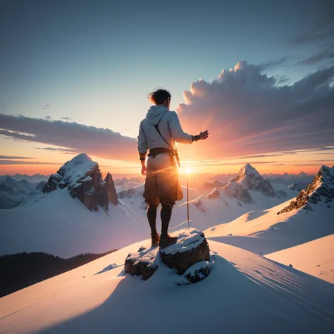 Create a powerful and inspiring artwork depicting a man standing triumphantly atop a majestic mountain peak, their arms outstretched wide, facing the other side. The scene is bathed in the soft glow of a sunrise, casting warm hues across the landscape. Cap...