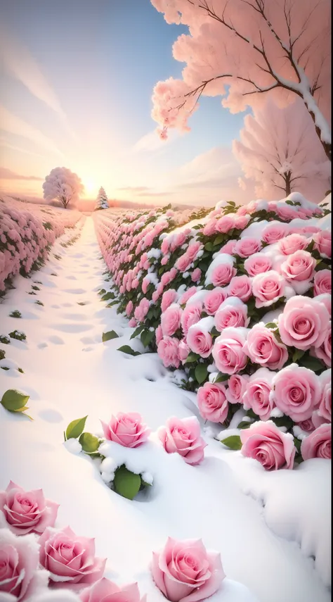 There are many pink roses covered in snow, with frozen flowers around her, beautiful aesthetic, an aesthetic field of flowers, Really beautiful nature, Marshmallow bush, field of pink flowers, Flowers!!!!, rosses, Beautiful nature, rosette, heaven pink, Be...