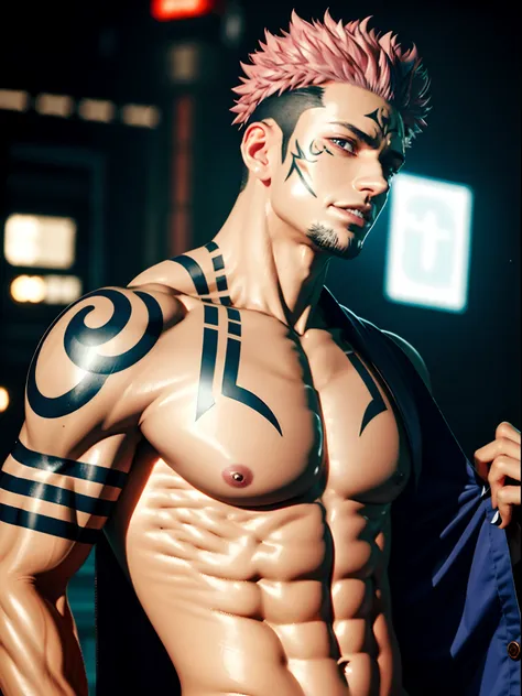 masterpiece, best quality, ultra-detailed, texture, detail eyes,8k, 1boy, sukuna, a man with pink hair and shirtless, tattoo_ryo...