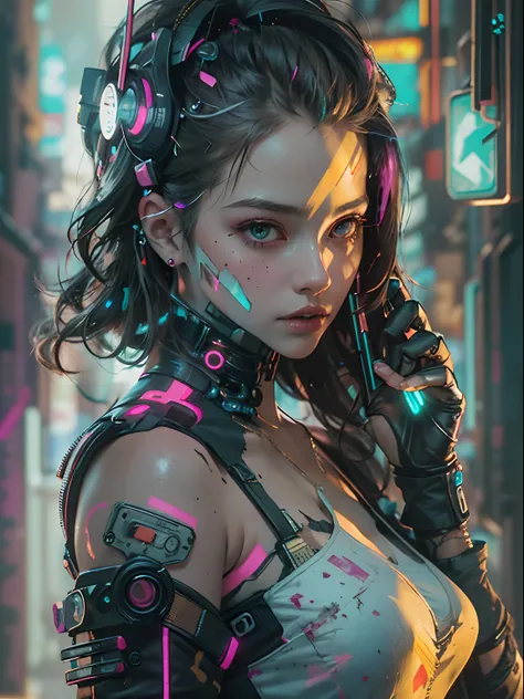 Unbeatable masterpiece, Ultra photo realsisim, Perfect Artwork, Intricate details, Best Quality, strong lights,High contrast,((Cyberpunk , outline):1.35) , ((masutepiece)),((Extremely detailed)) , ((extremely detailed and beautiful face)) , Smoky makeup, P...