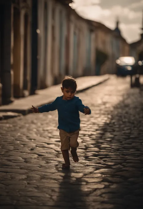 child playing in the street, com olhar inocente, paisagem no fundo linda.