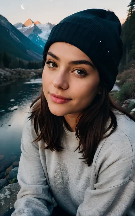 photorealistic, best quality, hyper detailed, beautiful woman, selfie photo, upper body, solo, wearing pullover, outdoors, (night), mountains, real life nature, stars, moon, (cheerful, happy), sleeping bag, gloves, sweater, beanie, flashlight, forest, rock...