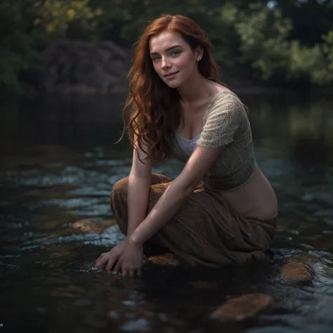 Masterpiece, (((full figure supermodel, full body shot, entire body in frame))), (((magical lighting action shot))) (((beautiful redhead fit pale smiling goddess Scottish woman kneeling in river garden in a park, arms covering flat chest, arms across small...