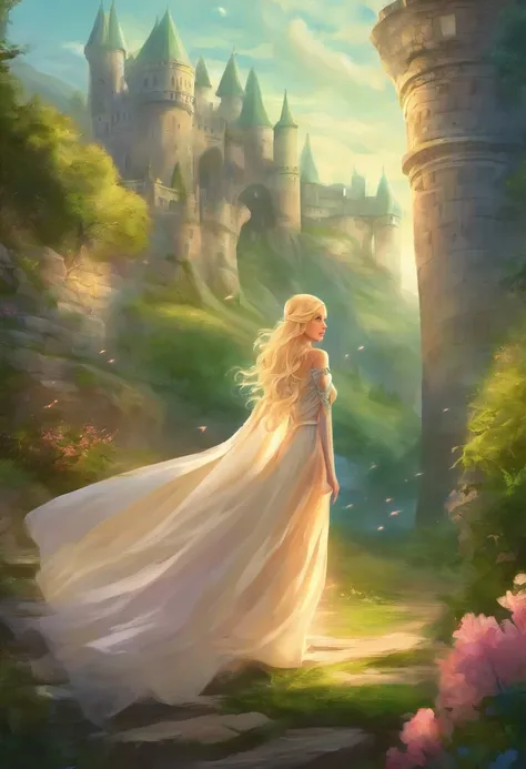 Blonde hair petite but athletic girl princess like teenager, in a giant winding medieval castle, 4k, grassy green florescent background,