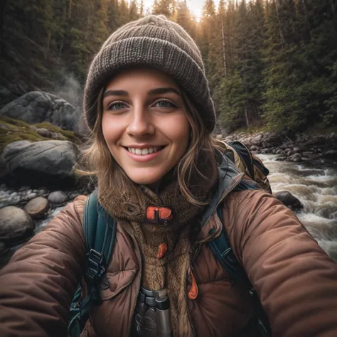 1 young woman((upper body selfie, happy)), masterpiece, best quality, ultra-detailed, solo, outdoors, (night), mountains, nature, (stars, moon) cheerful, happy, backpack, sleeping bag, camping stove, water bottle, mountain boots, gloves, sweater, hat, ((mi...