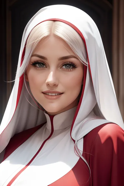 lucy pinder, face portrait, smiling, red lisptick, platinum hair, the nun