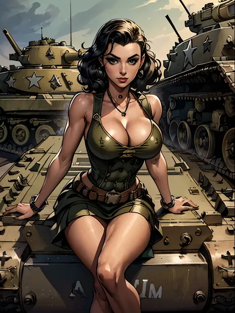 (masterpiece, top quality, best quality, official art, beautiful and aesthetic:1.2), (1girl:1.3), black hair victory curls, vintage 1940s American hairstyle, extremely detailed, portrait, looking at viewer, solo, (full body:0.6), detailed background, close...