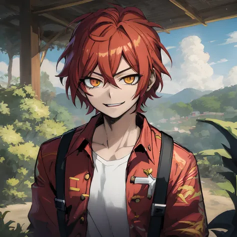 Anime - imagem de estilo de um homem com cabelo vermelho e uma mochila, laranja, camisa de praia- menino anime cabelo, sorrindo,  jovem homem de anime, Retrato anime de um homem bonito, cara de anime alto com olhos azuis, cara bonito na arte demon slayer, ...