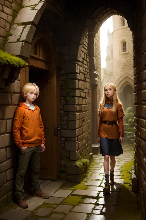 Blonde hair princess, With Adventure clothes Teenager about 15, Underground in a medieval castle: Old mossy stone bricks with orange low lighting.