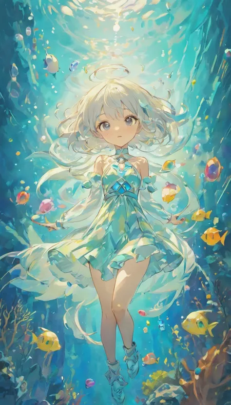 Undersea juvenile silver-haired shell house，Girl with short white hair，Colorful bubbles，a plant，Glowing small fish，Sparkling，ocean floor，( reasonable design, Clear lines, High sharpness,Best quality, Very detailed, Masterpiece, movie light effect, 4K )