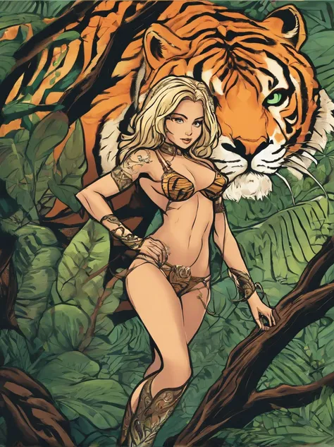 the tigress, thicc sexy blonde super-heroine wearing a tiger stripe mono-kini with a v shaped boob window, and tiger stripe thigh high high boots standing on a large tree branch in a lush jungle in the background, high-angle shot, wide-angle shot, dramatic...