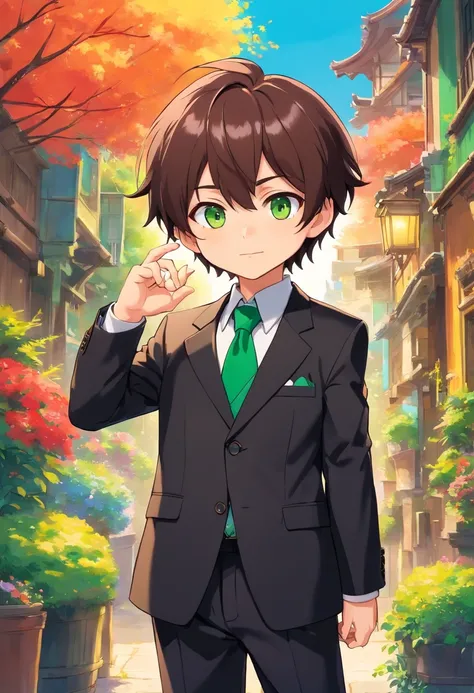 portrait, Chibi style, 1boy, dark brown hair, reddish eyes, black suit with a tie, black suit pants, colorful green life background, profundidade de campo, master part, best quality, 1 menino, cabelos pretos, olhos vermelhos, Terno Preto.