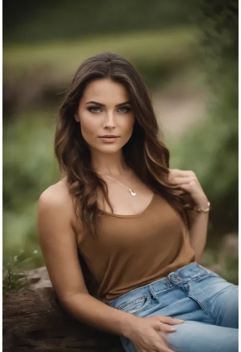 Arafed woman with a white tank top and necklace, lying at the beach, fille sexy aux yeux verts, Portrait Sophie Mudd, cheveux bruns et grands yeux, selfie of a young woman, Yeux de chambre, Violet Myers, sans maquillage, maquillage naturel, looking straigh...