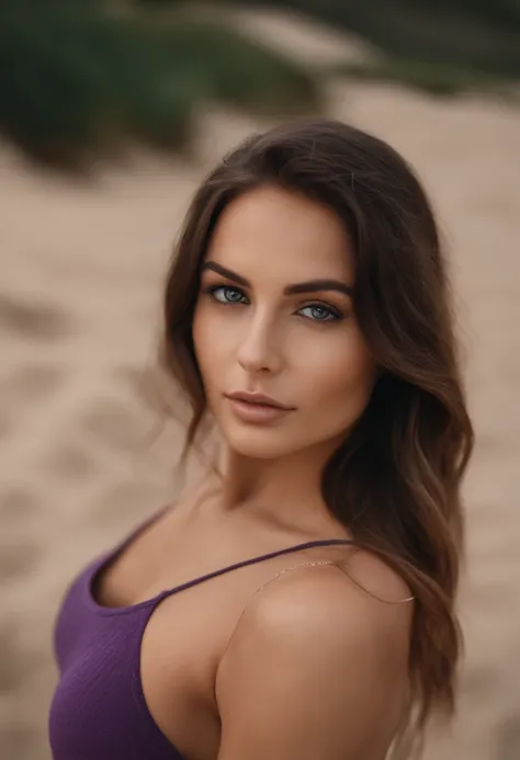 Arafed woman with a white tank top and necklace, lying at the beach, fille sexy aux yeux verts, Portrait Sophie Mudd, cheveux bruns et grands yeux, selfie of a young woman, Yeux de chambre, Violet Myers, sans maquillage, maquillage naturel, looking straigh...