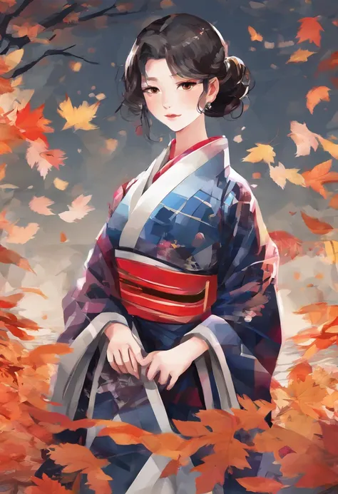 ((1girl in:), beauitful face, (Lifelike face), (A dark-haired, short-hair:1.3), Beautiful hairstyle, 二重まぶた、 Beautiful skins, Garden with beautiful autumn leaves Autumn leaves red yellow autumn leaf pattern kimono(​masterpiece)、(ultra-detailliert)、Best Illu...