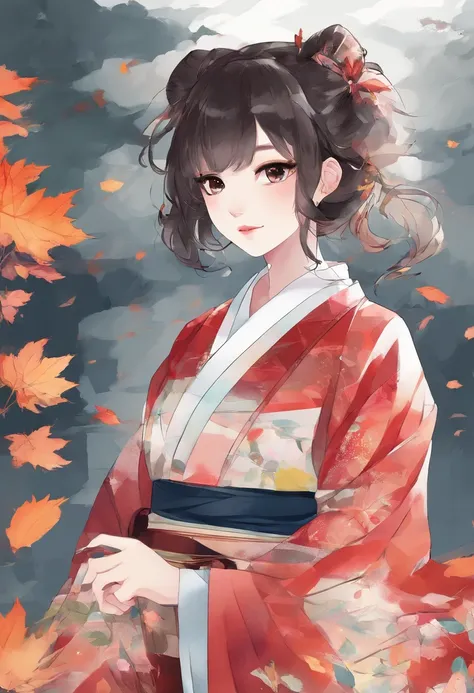 ((1girl in:), beauitful face, (Lifelike face), (A dark-haired, short-hair:1.3), Beautiful hairstyle, 二重まぶた、 Beautiful skins, Garden with beautiful autumn leaves Autumn leaves red yellow autumn leaf pattern kimono(​masterpiece)、(ultra-detailliert)、Best Illu...