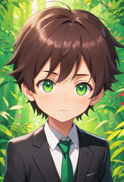 up close portrait, Chibi style, 1boy, dark brown hair, reddish eyes, black suit with a tie, black suit pants, colorful green life background, profundidade de campo, master part, best quality, 1 menino, cabelos pretos, olhos vermelhos, Terno Preto.