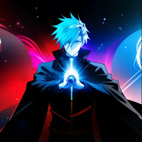 A man in a black coat with vibrant blue eyes in front of a blue and red energy ball and with purple details and particles.