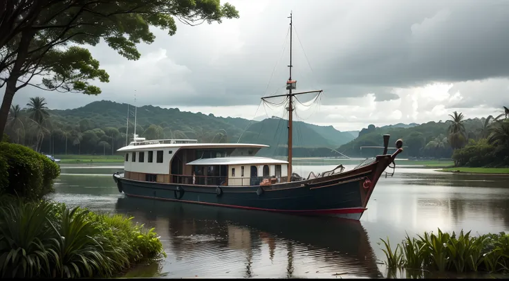 um pequeno barco em um lago, em um dia chuvoso na floresta tropical, With the wet vegetation of the rain, And cloudy skies