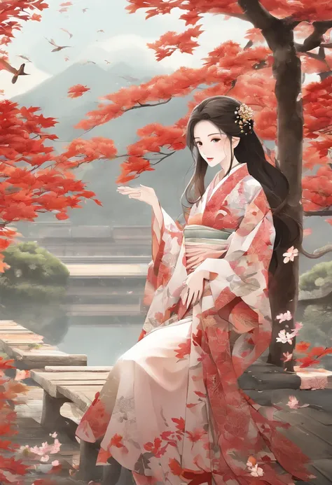 ((1girl in:), beauitful face, (Lifelike face), (A dark-haired, short-hair:1.3), Beautiful hairstyle, 二重まぶた、 Beautiful skins, Garden with beautiful autumn leaves Autumn leaves red yellow autumn leaf pattern kimono(​masterpiece)、(ultra-detailliert)、Best Illu...