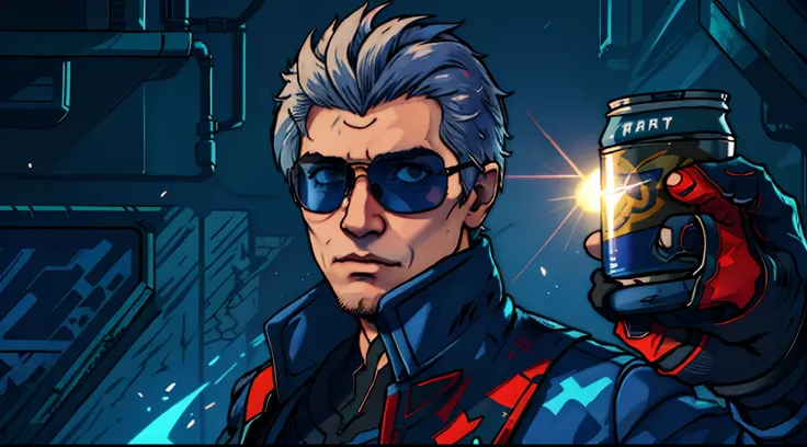 Theres a man in sunglasses holding a can of beer, Vergil do Diabo Pode Chorar, Vergil, filho de sparda, thancred waters, XQC, cyberpunk sunglasses, cyberpunk eye wear, thancred waters in style of wlop, Streamer do Twitch / Jogador Ludwig, como personagem e...