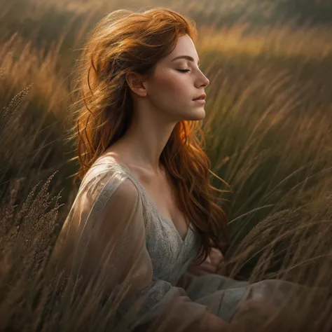 An exquisite portrait depicting a beautiful redheaded woman kneeling peacefully in a lush meadow, eyes closed in pensive thought, delicate features caressed by rays of sunlight, flawless skin adorned with endearing freckles, fiery locks softly blowing in t...