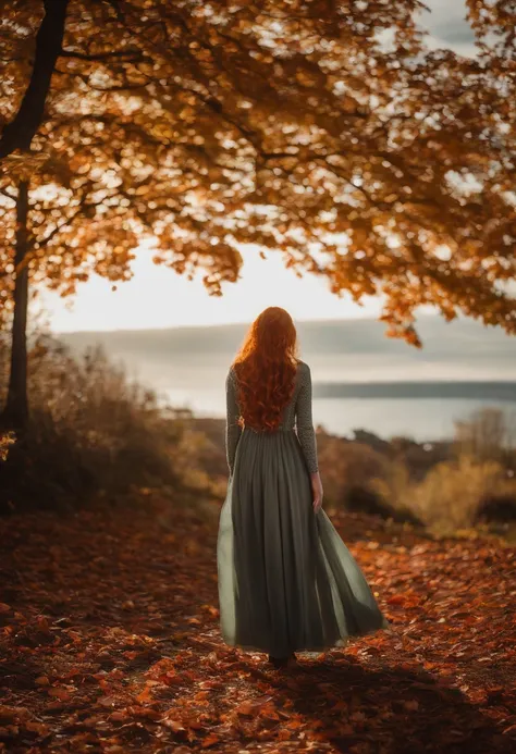 1girll,red hair, Floating hair, Seaside,scenery,landscape,autumn leaves, Falling leaves, rays of sunshine,god light,full body,  fall colours,dress, chunky knit sweater