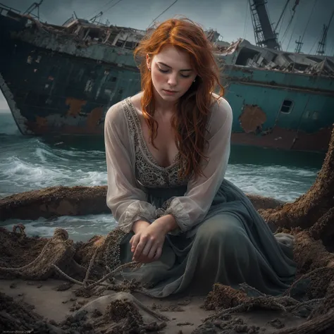 an exquisite portrait depicting a beautiful redheaded woman kneeling peacefully amidst the remains of a shipwreck, eyes closed i...